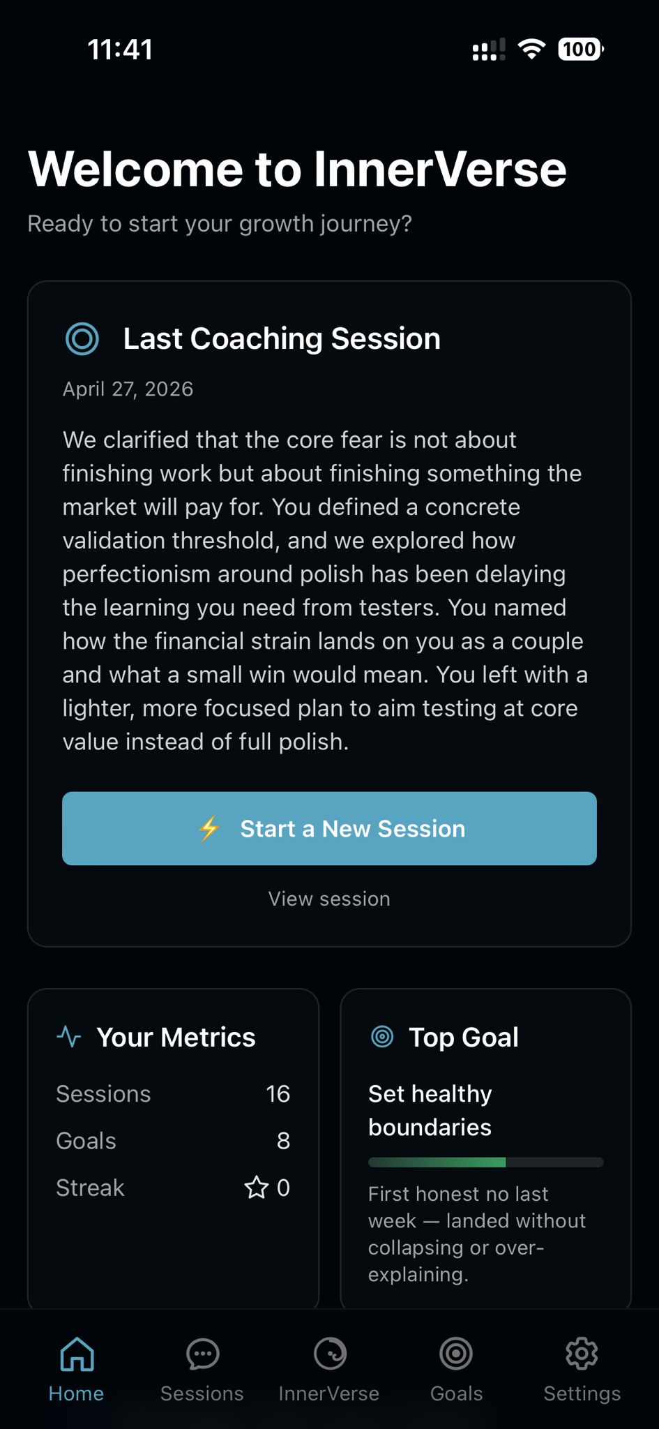 InnerVerse home screen — last coaching session summary, metrics, and your top goal.