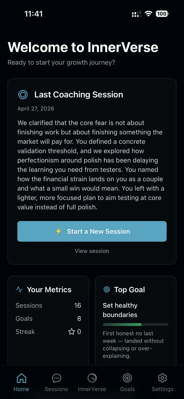InnerVerse home screen — last coaching session summary, metrics, and your top goal.